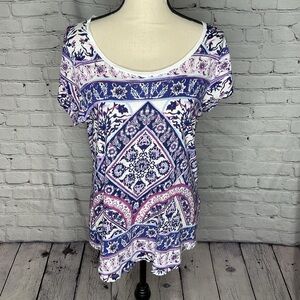 Lucky Brand Purple and Blue Aztec Tribal Print Short Sleeve Top Medium